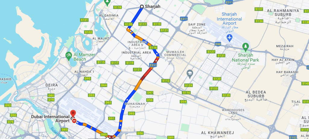 Sharjah To Dubai Airport Bus Route by Map