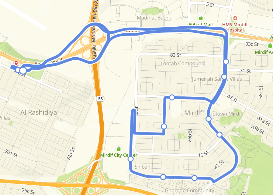 Al Rashidiya to Downtown Mirdiff Gate Bus Route Map