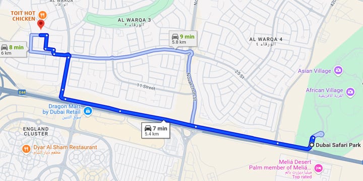 Dubai Safari Park to Al Warqaa Bus Route Map